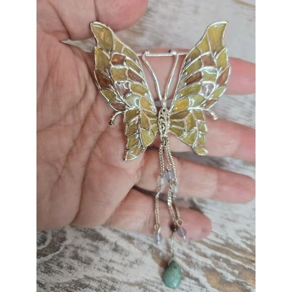 Enamel Butterfly Brooch With Dangle Beads Gold Tone Marked Figural Pin #187 - Picture 3 of 8